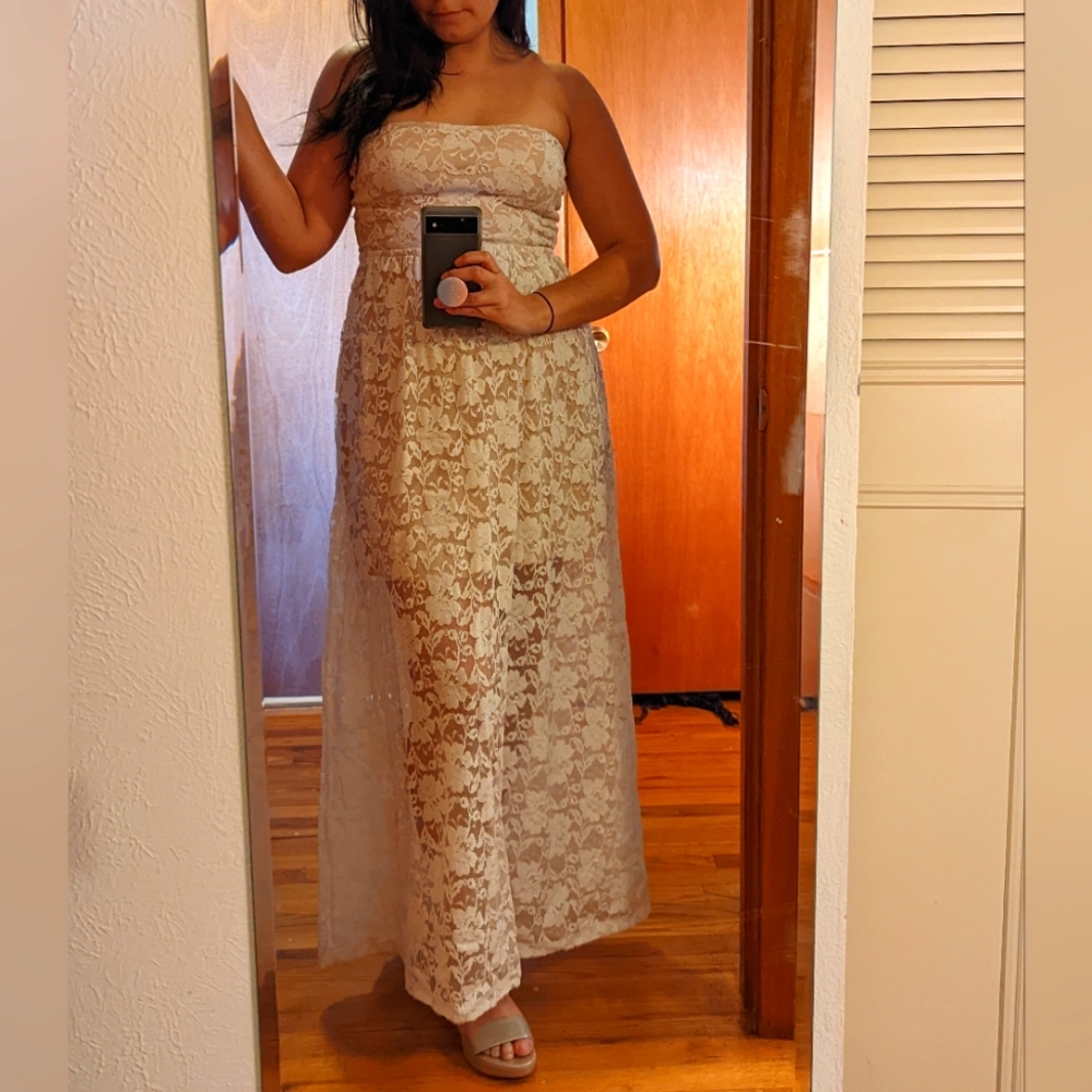 Full length lace strapless dress